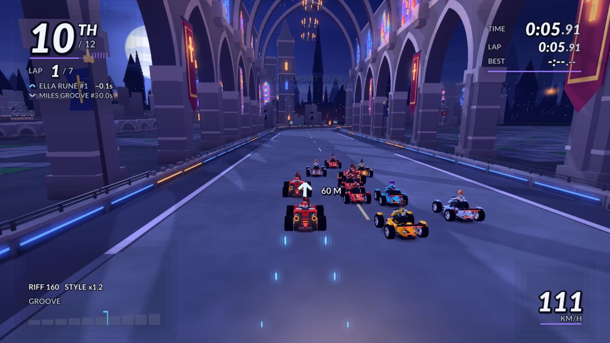 A pack of karts racing through the cathedral nave beneath glowing stained-glass windows and hanging chandeliers.