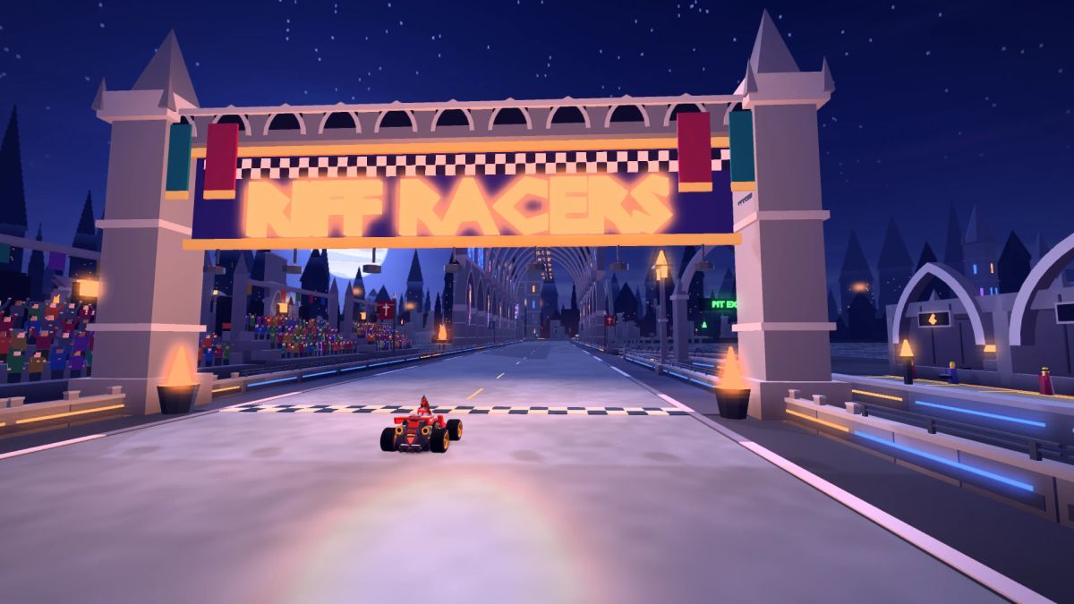 A red kart approaching the illuminated Riff Racers finish gantry, with the cathedral nave rising behind it.