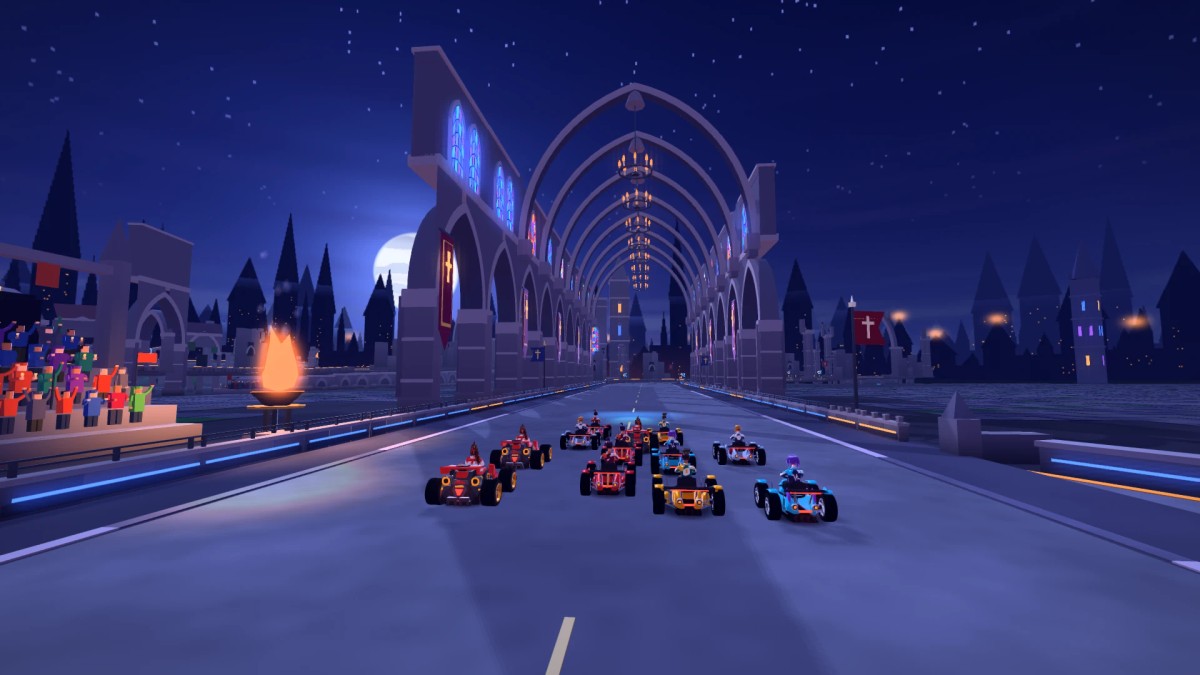 Karts racing towards the open gothic nave of Cathedral Circuit beneath stained glass, chandeliers and a moonlit sky.