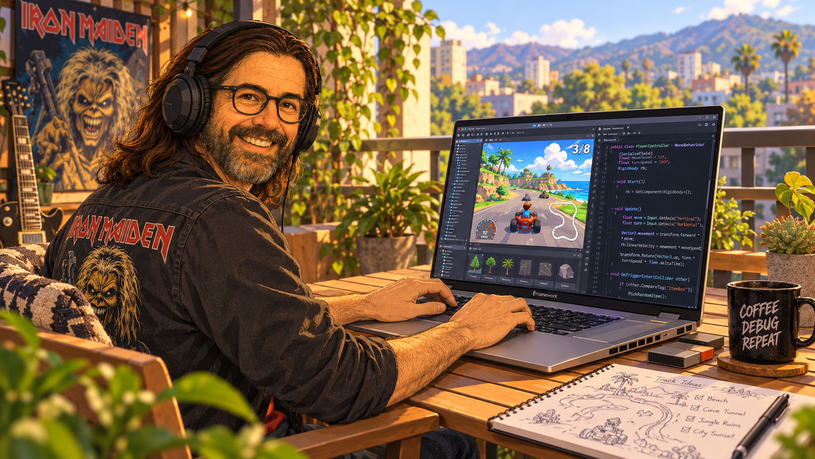 Daniel at his laptop, working on a game, on a sunlit terrace