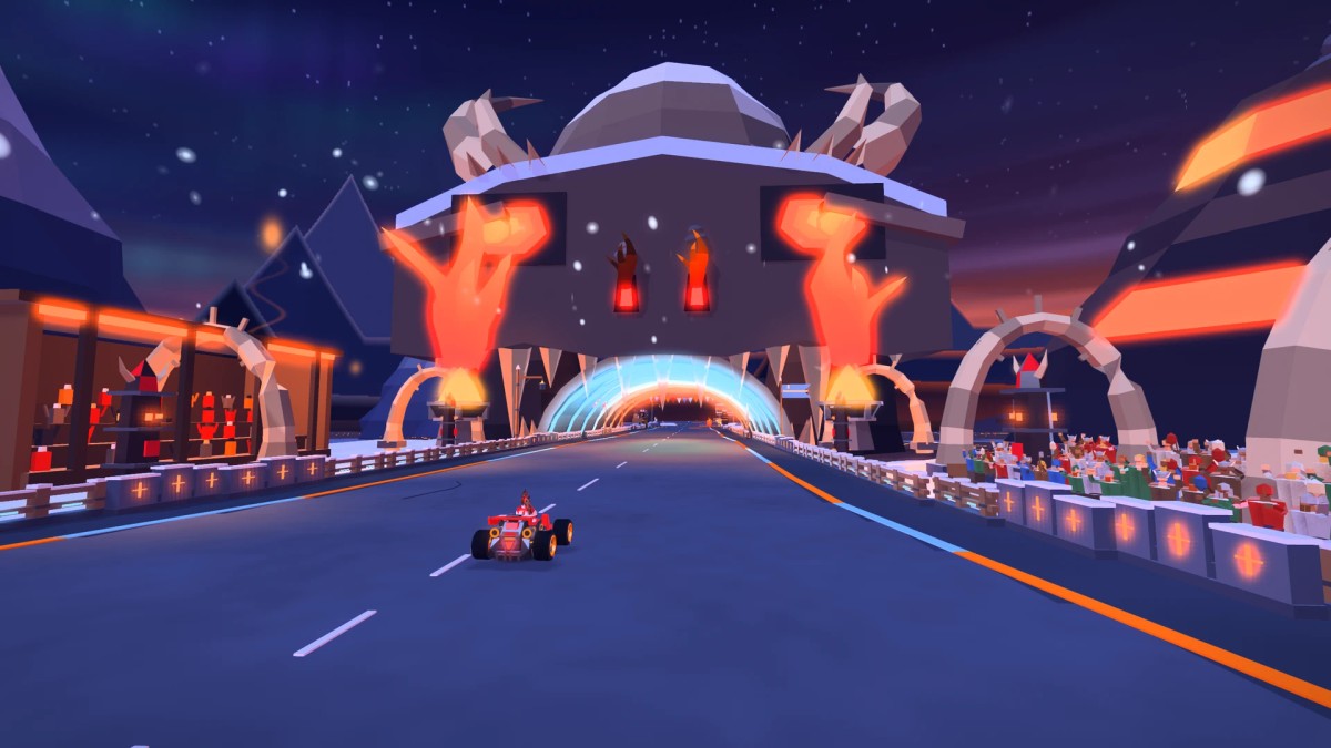 A kart approaching the glowing mouth of the large horned Dragon's Maw skull, with rib arches and spectators beside the road.