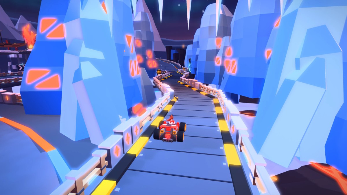 A kart entering the narrow Glacier Cut passage between tall blue ice walls with orange light glowing through the ice.