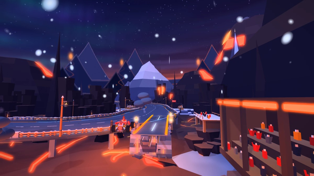 A red kart airborne over the lava at Hellfire Leap, with the broken bridge's landing platform and the road beyond clearly visible.