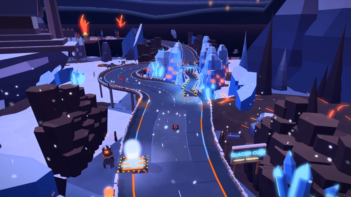 A Riff Racers kart approaching Glacier Cut on Frostfire Run, with blue ice towers, glowing orange fissures and dark basalt beside the road.