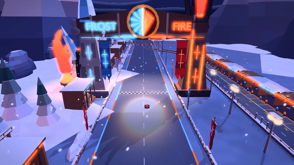 The Frostfire start and finish straight beneath its ice-and-fire gate, with a separated pit lane and illuminated service bays on the right.