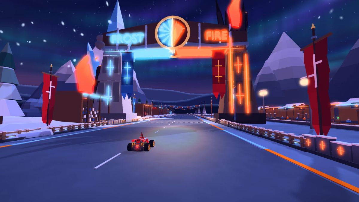 A kart driving towards the blue-and-orange Frostfire Gate beneath falling snow.
