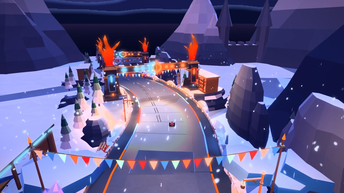 A wide view down Valhalla Descent, with a kart on the open road, snow-covered mountains, trackside spectators and firelit arches leading towards Frostfire Gate.