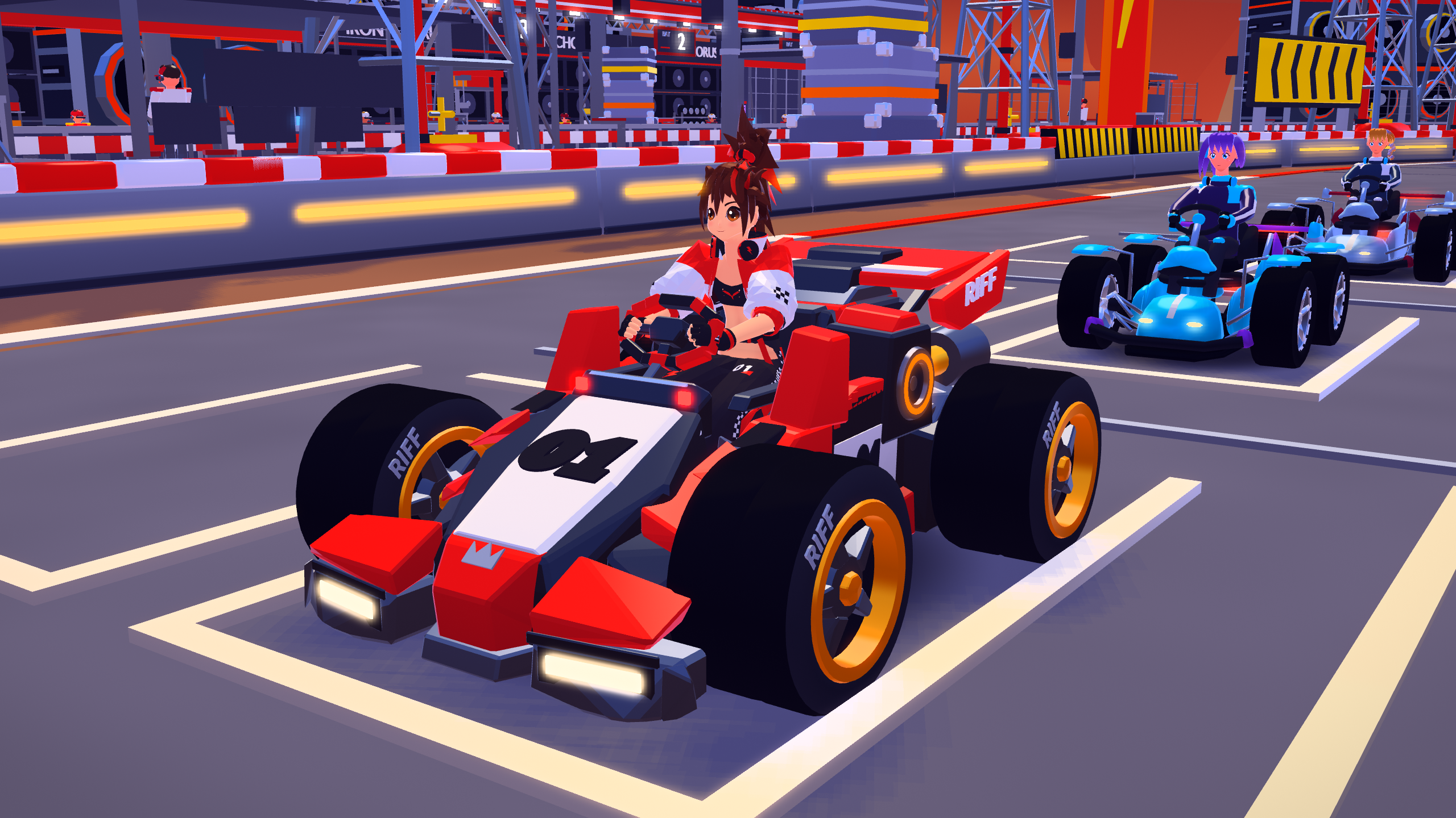 A Riff Racers driver sitting in a red, white and black kart, with two other drivers and karts lined up behind.