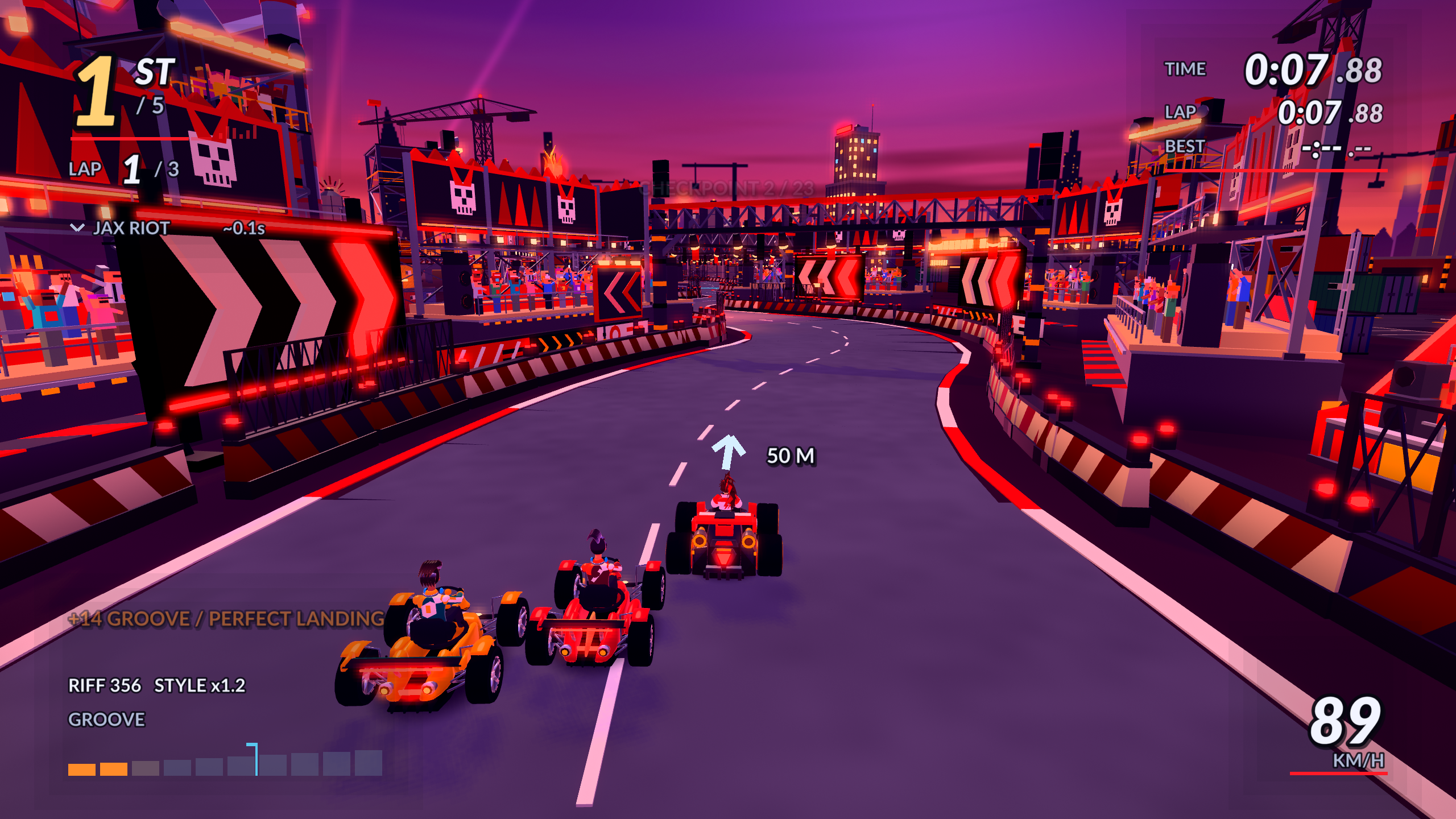 Gameplay from Riff Racers showing several karts racing through a brightly lit track at sunset with the race HUD visible.
