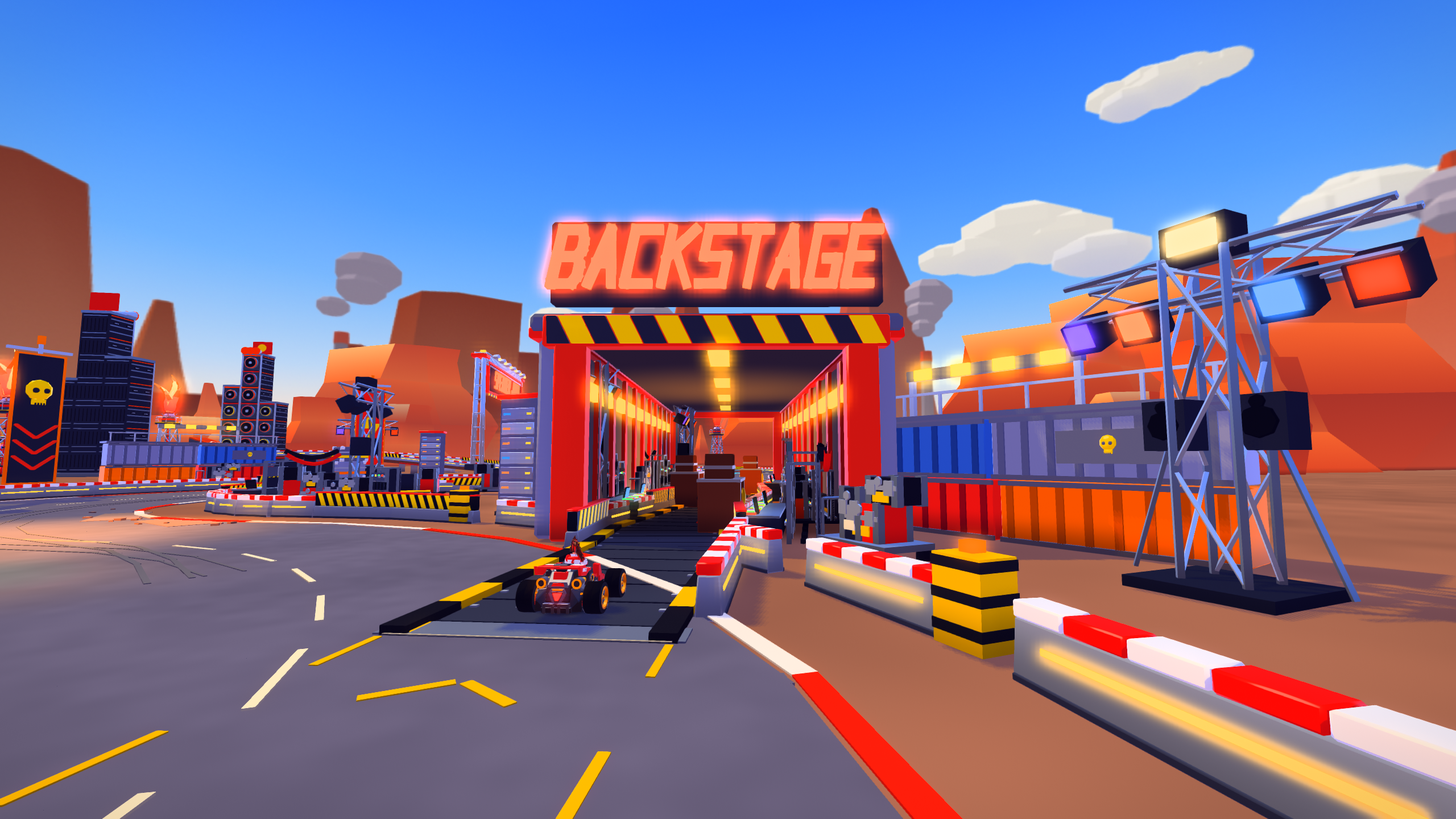 A kart taking the backstage shortcut on Iron Chorus, with the main road visible beyond the elevated section.