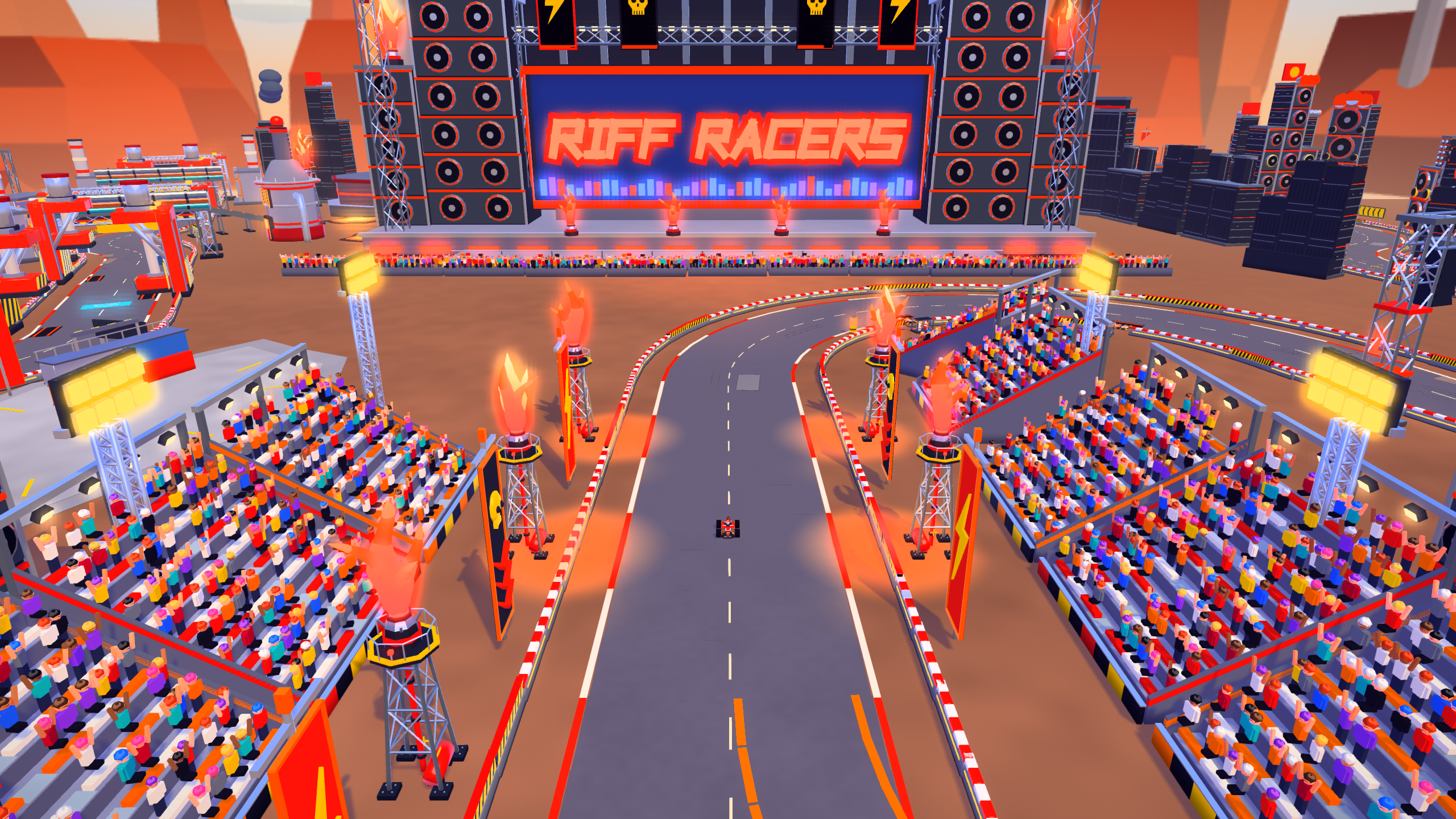 The rebuilt crowd and grandstands around the Iron Chorus main stage, with the Riff Racers screen and speaker towers behind the start straight.