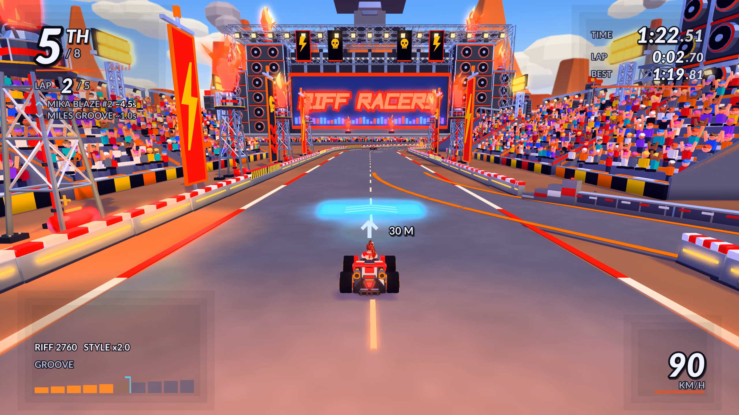 Riff Racers karts racing past the main stage on Iron Chorus as the sun sets over the festival arena.