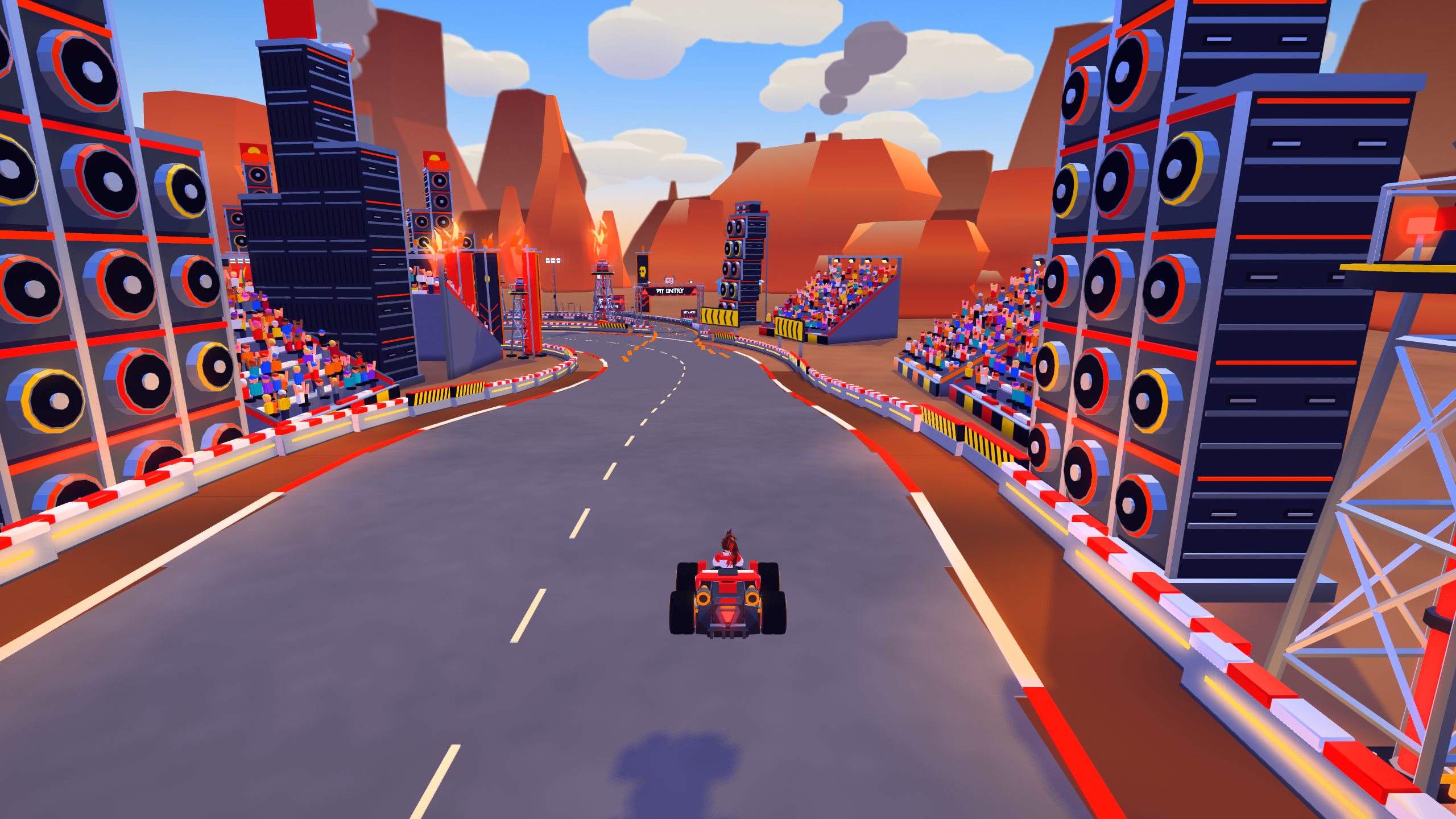 A kart mid-air on the hero jump of Iron Chorus, with the festival arena and crowd visible in the background.