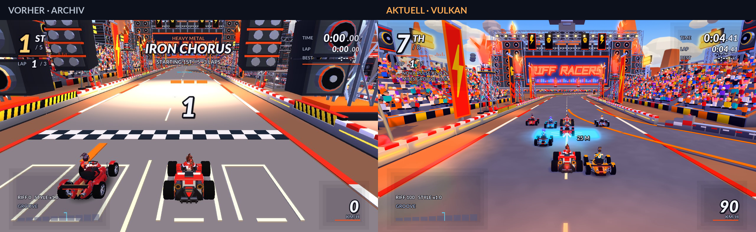 Side-by-side comparison of the Iron Chorus start and finish straight: the older, simpler version on the left and the rebuilt version with the main stage and crowd on the right.