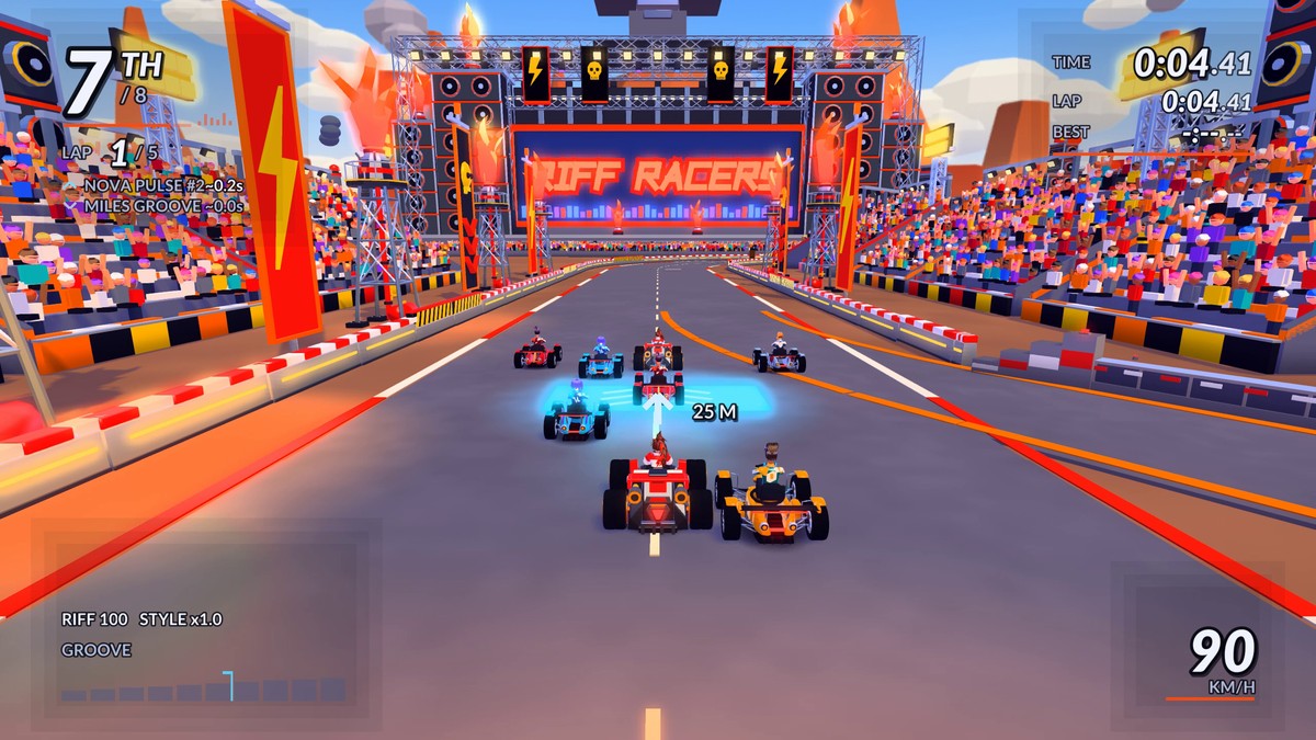 Riff Racers karts racing past the main stage on the rebuilt Iron Chorus track, with the crowd and speaker towers filling the arena.