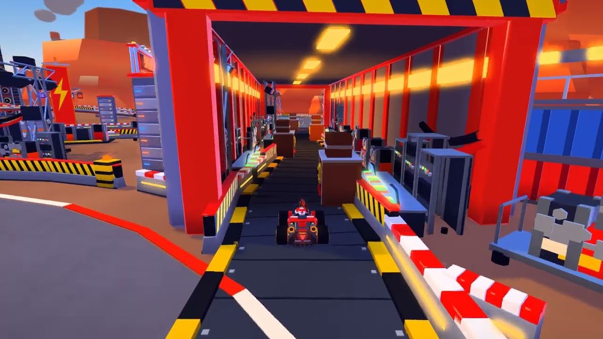 A Riff Racers kart driving through the industrial pitlane section of Iron Chorus, shown as the trailer poster.