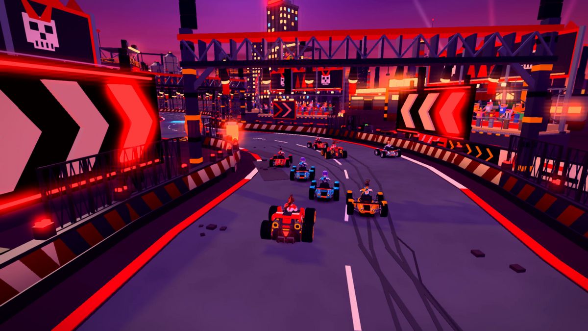 Karts cornering through Knife Alley beneath steel gantries, with large chevrons and drift marks on the road.