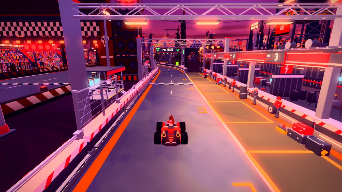 A kart driving through the pit lane, with the pit wall on the left, service bays on the right and the exit ahead.