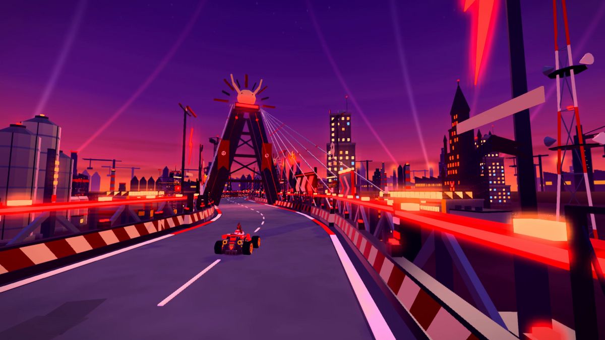 A red kart approaching Razor Bridge’s steel pylon and suspension cables above the industrial skyline.