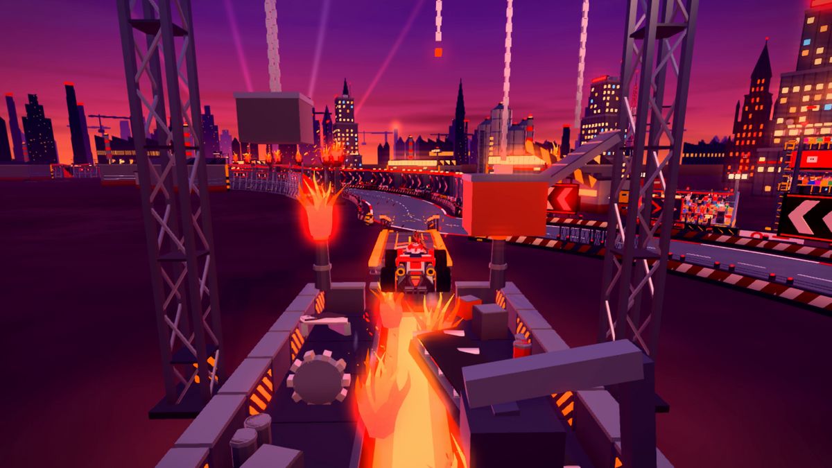 A red kart airborne over flames and machinery, aiming for the shortcut’s narrow yellow landing platform.