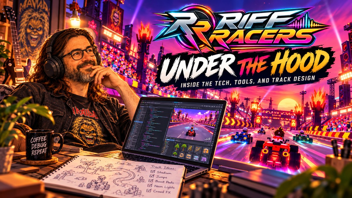 Developer with headphones at a laptop showing Riff Racers gameplay, with the Riff Racers logo and a neon race track scene behind.