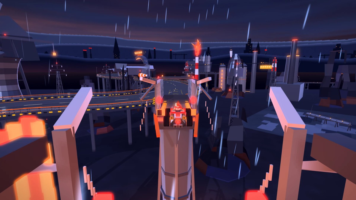 A red kart airborne over the Broken Bridge gap, with the forge towers and another stretch of road beyond.