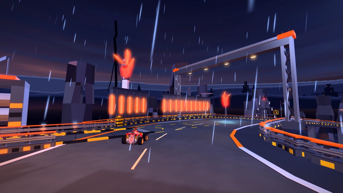 A kart rounding a bend inside the forge complex beneath steel beams, glowing orange wall panels and a horned hand sculpture.