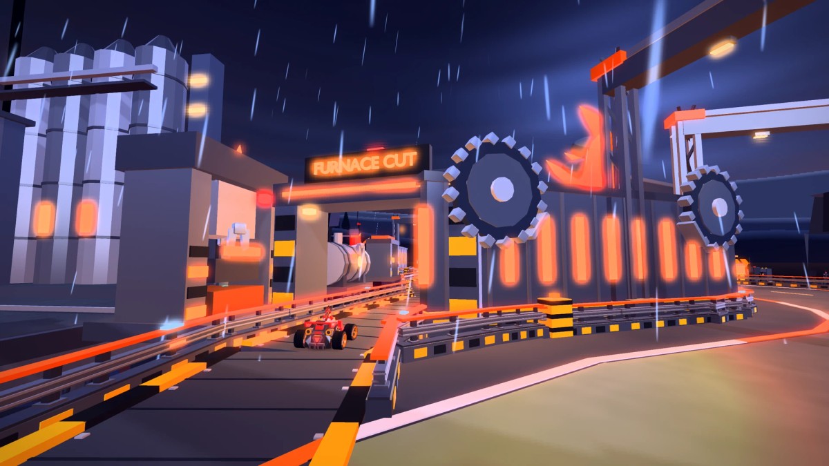 A kart approaching the marked Furnace Cut shortcut between large toothed wheels and orange-lit industrial walls.