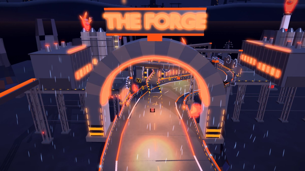 An elevated view through Thunderforge’s orange-lit forge gate, with a kart on the wet road and industrial structures in the storm.