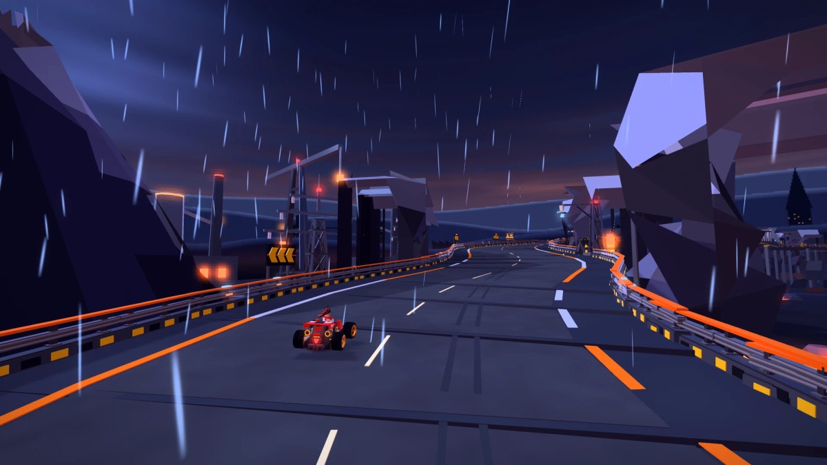 A kart climbing the wet mountain road between angular cliffs, orange guardrails and industrial towers.