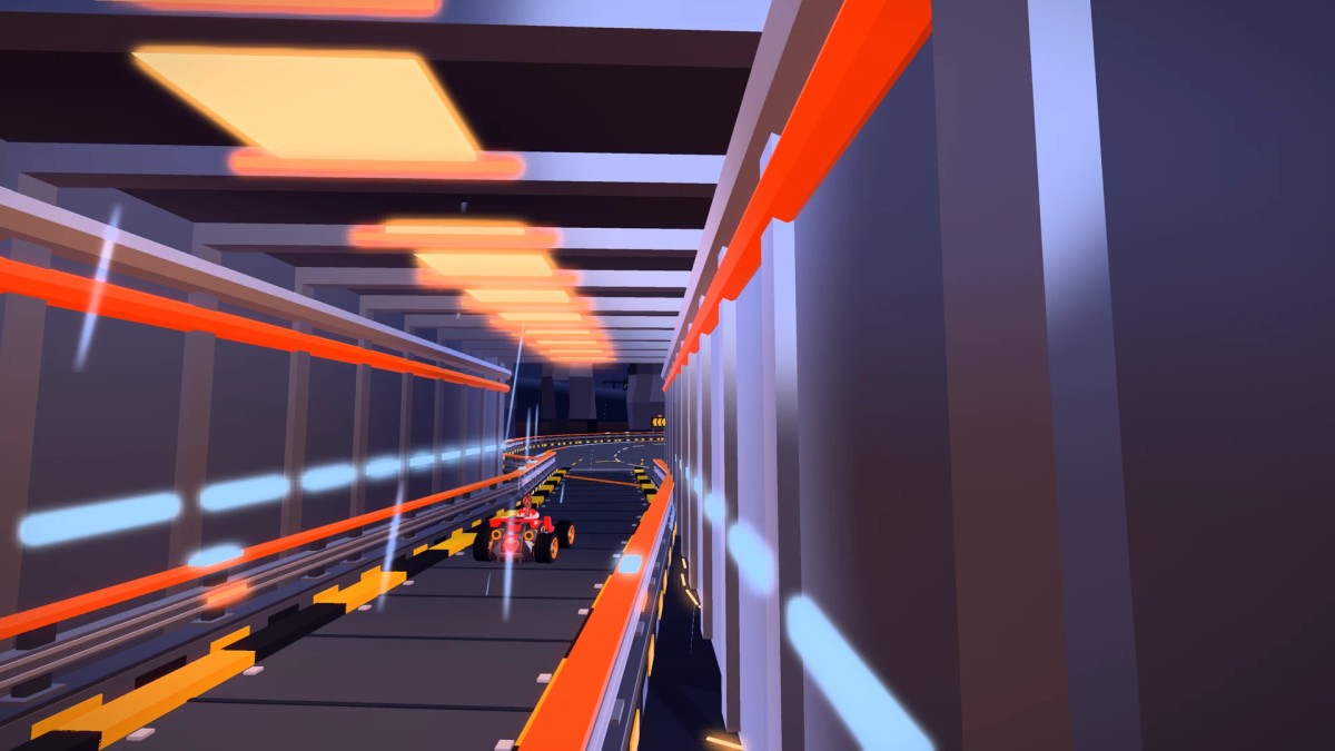 A kart driving through the narrow Maintenance Tunnel, with overhead lights, close steel walls and orange and blue strips.