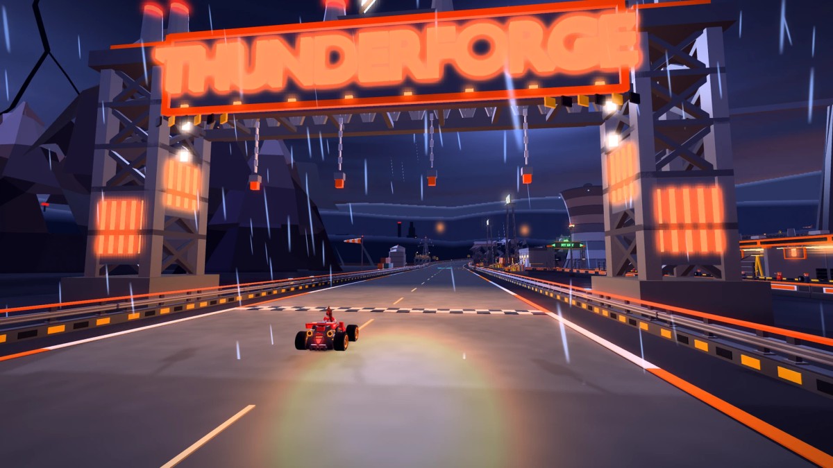 A kart on the main straight beneath the glowing Thunderforge start and finish gantry, with the service area on the right.