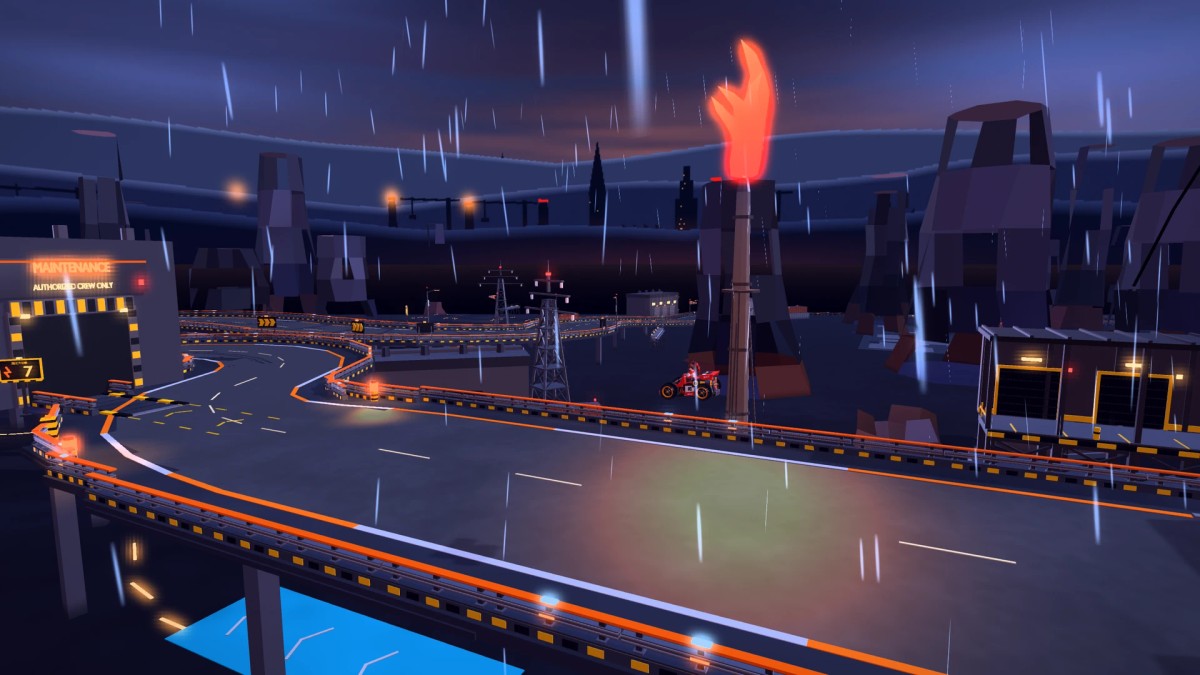 A kart jumping beside the elevated road at The Hammer, with orange forge lights against a dark storm sky.