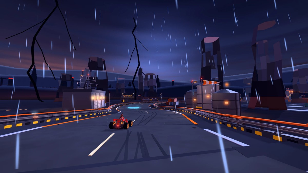 A kart following Thunder Run past industrial towers as branching lightning crosses the dark blue sky.