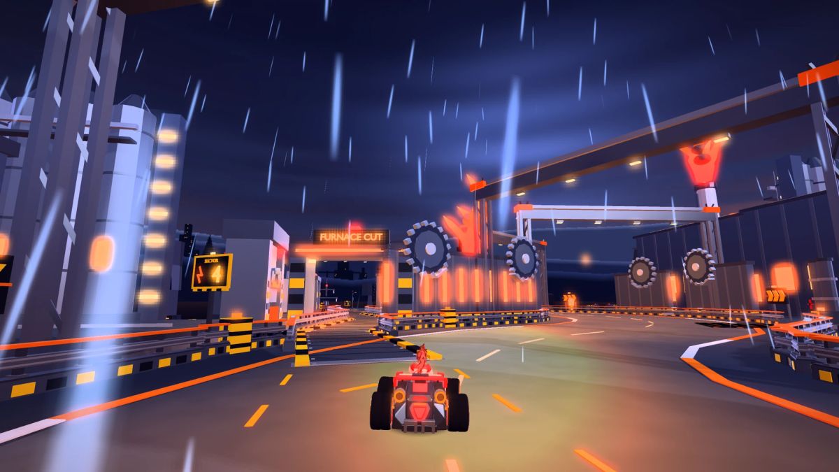 A kart approaching the orange-lit forge machinery and the Furnace Cut entrance in the rain.